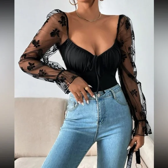 Luxe floral mesh sleeve open back bodysuit